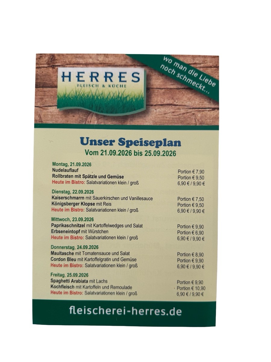 Wöchentlicher Speiseplan der Fleischerei Herres
